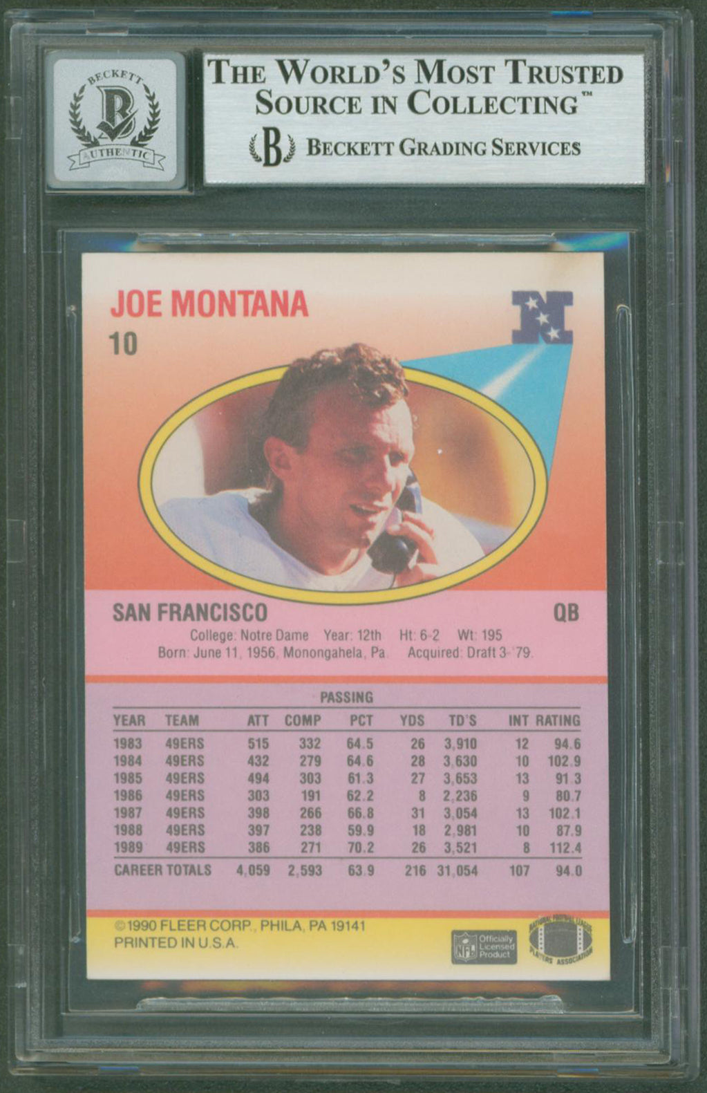 49ers Joe Montana Authentic Signed 1990 Fleer #10B Card Auto 10! BAS Slabbed