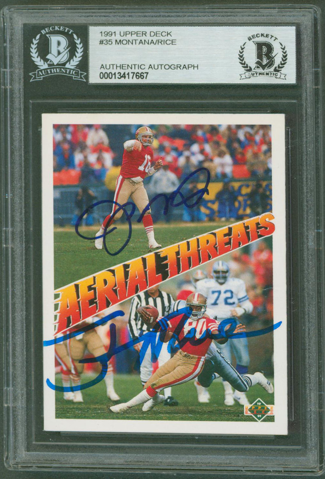 49ers Jerry Rice & Joe Montana Signed 1991 UD #35 Aerial Threats Card BAS Slab