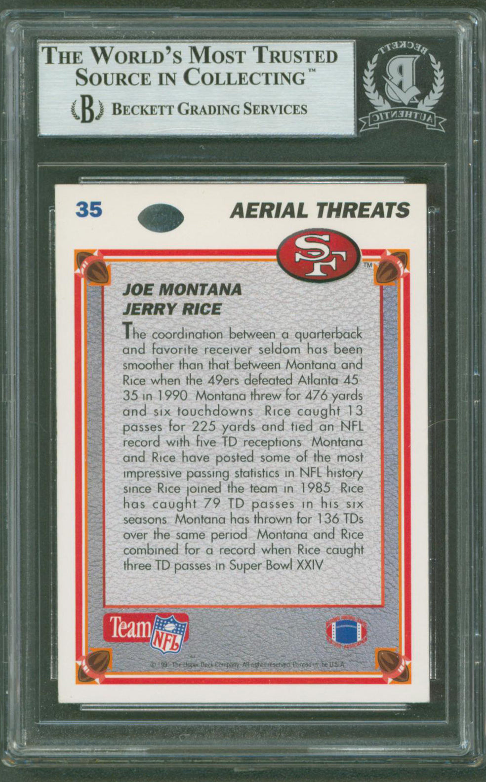49ers Jerry Rice & Joe Montana Signed 1991 UD #35 Aerial Threats Card BAS Slab