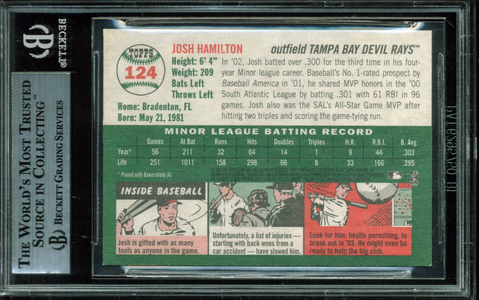 Rays Josh Hamilton Authentic Signed 2003 Topps Heritage #124 Card BAS Slabbed