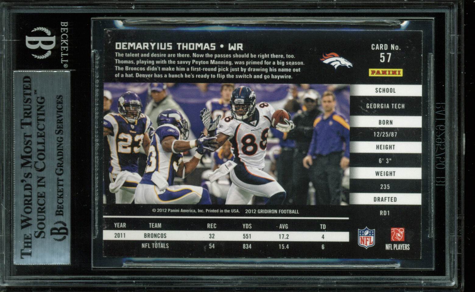 Broncos Demaryius Thomas Signed 2012 Gridiron #57 Auto Card BAS Slabbed