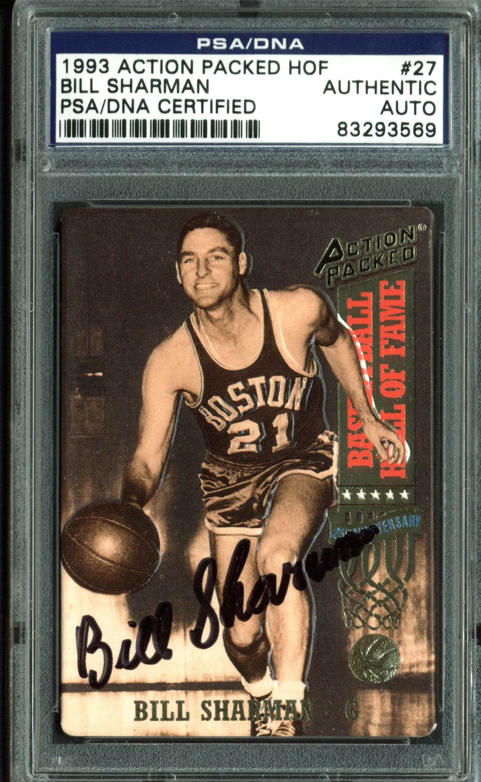 Celtics Bill Sharman Signed 1993 Action Packed HOF #27 Auto Card PSA/DNA Slabbed