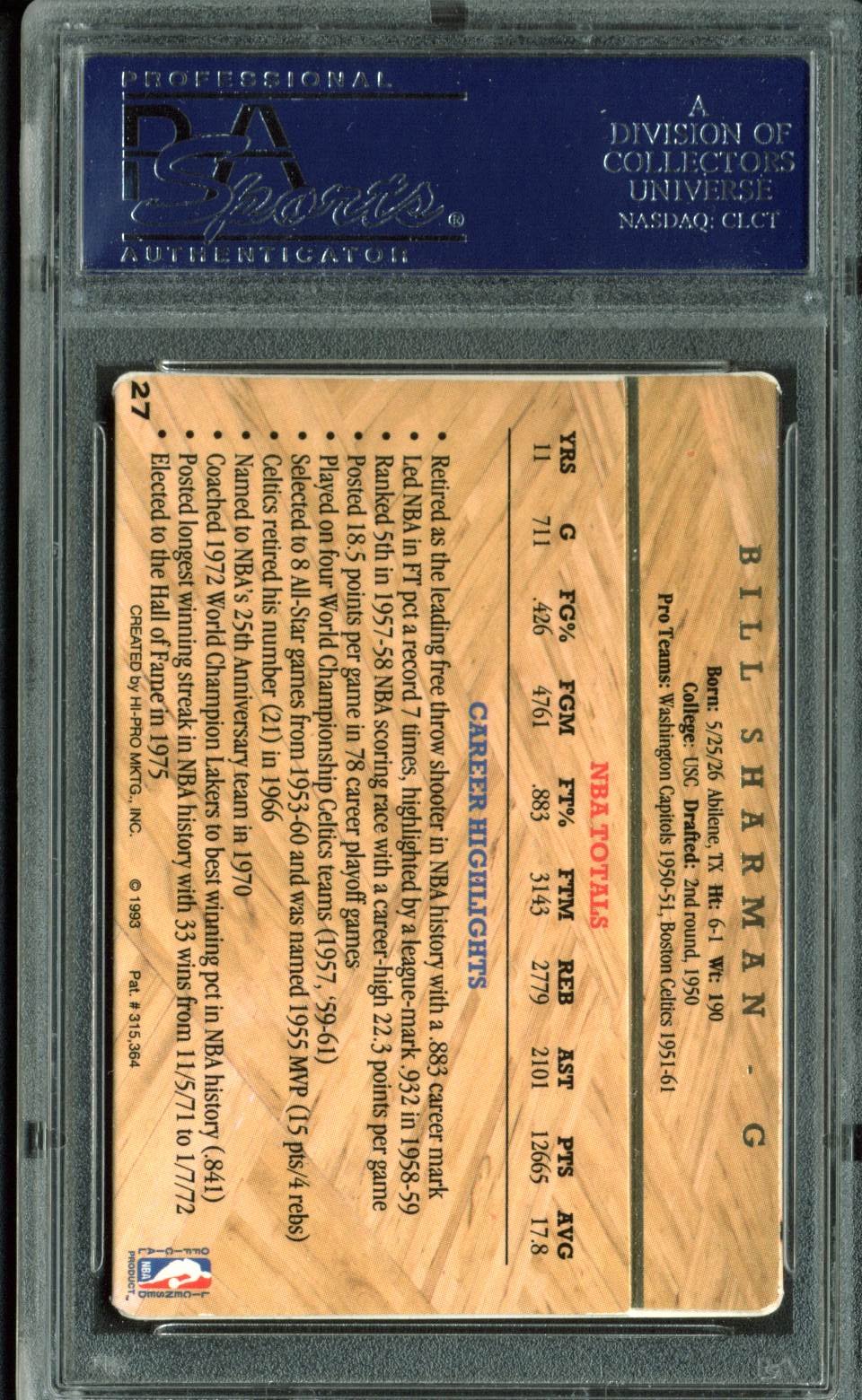 Celtics Bill Sharman Signed 1993 Action Packed HOF #27 Auto Card PSA/DNA Slabbed