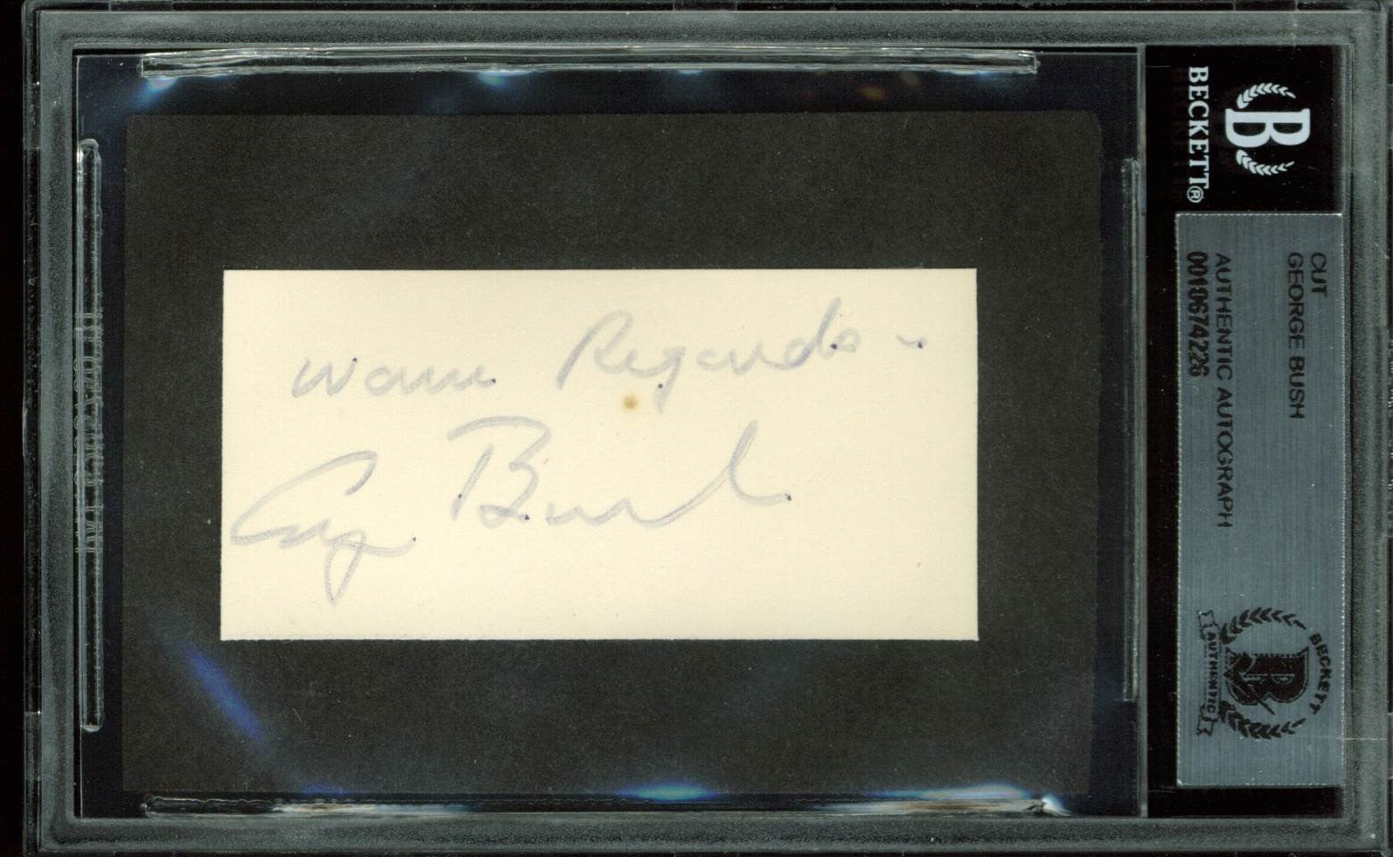 George H.W. Bush "Warm Regards" Authentic Signed 1.35x2.8 Cut Signature BAS Slab