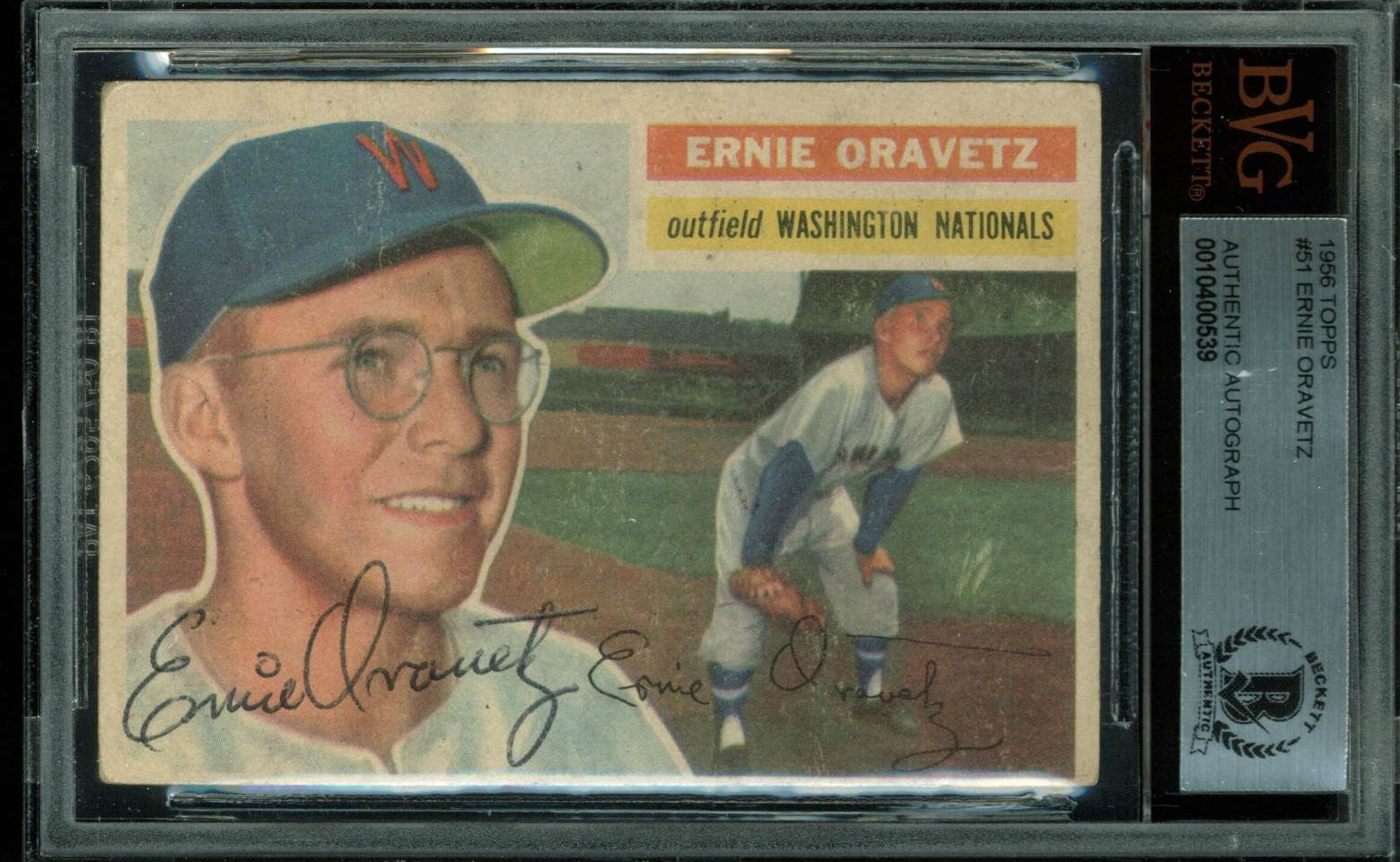 Nationals Ernie Oravetz Authentic Signed 1956 Topps #51 Card BAS Slabbed