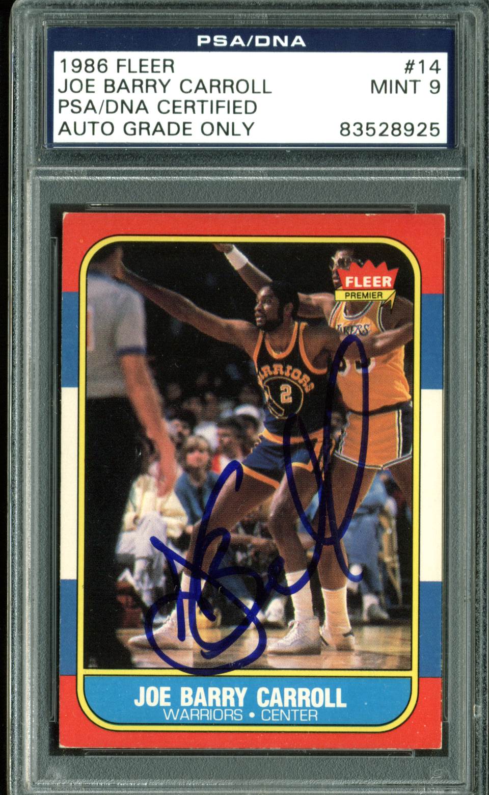 Warriors Joe Barry Carroll Signed 1986 Fleer #14 Card Auto Graded 9! PSA Slab