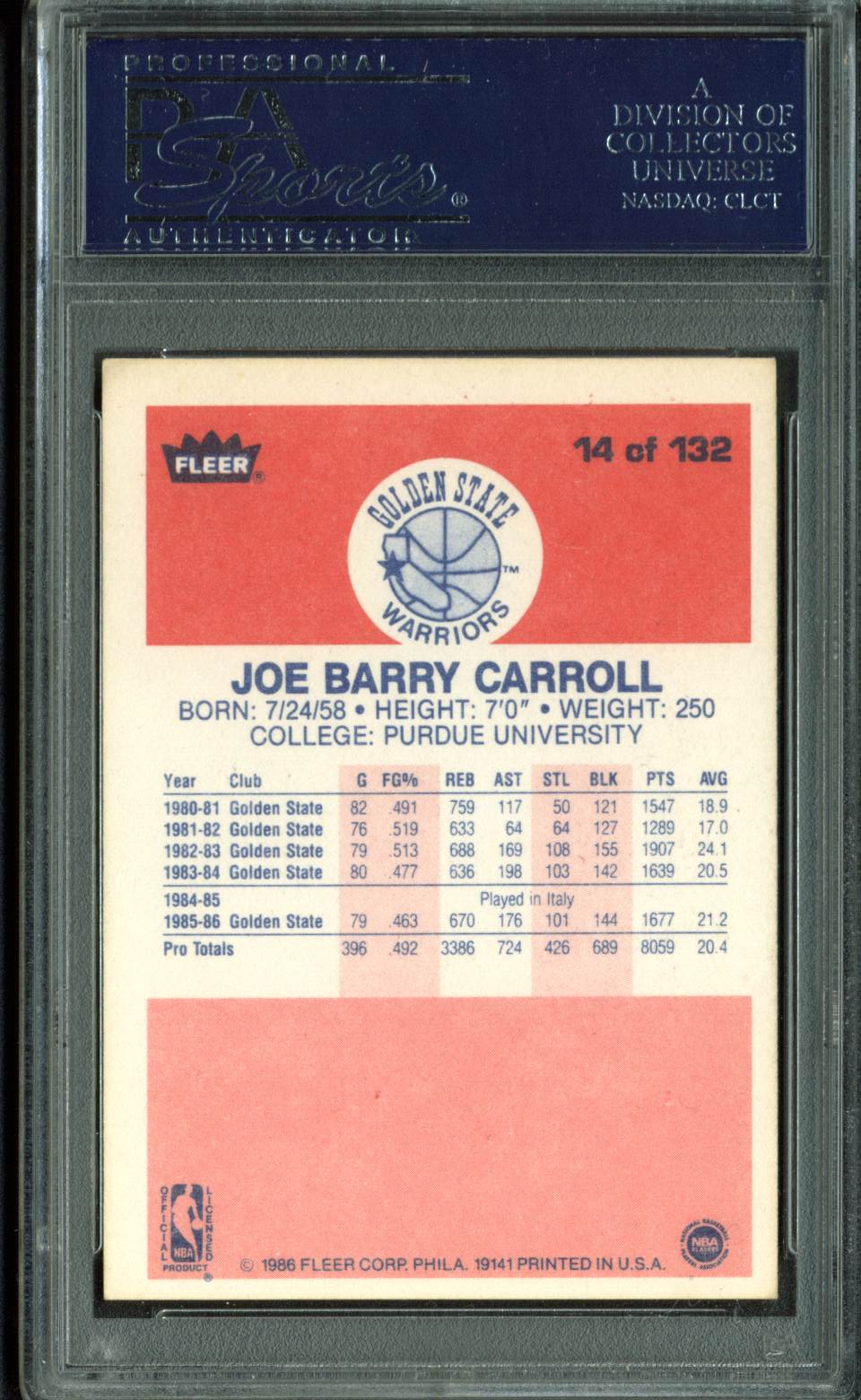 Warriors Joe Barry Carroll Signed 1986 Fleer #14 Card Auto Graded 9! PSA Slab