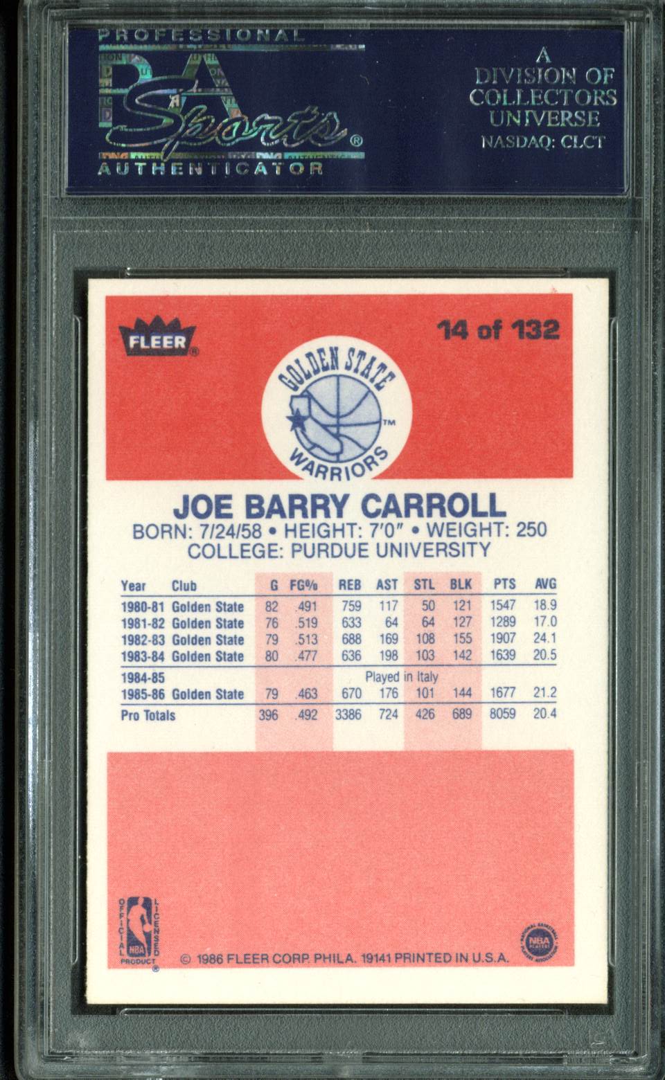 Warriors Joe Barry Carroll Signed 1986 Fleer #14 Card Auto Graded 10! PSA Slab 2