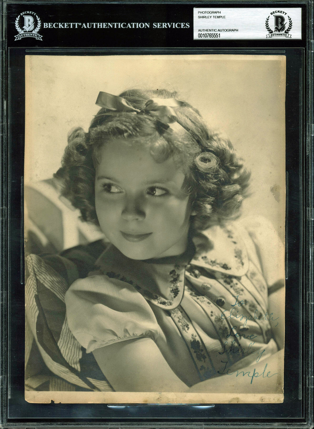Shirley Temple "To Elizabeth, Love" Authentic Signed 7.25x9.25 Photo BAS Slabbed