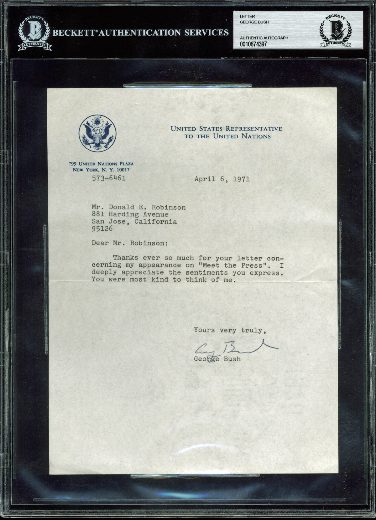 George H.W. Bush Signed 6.75x9 1971 Letter On UN Ambassador Letterhead BAS Slab