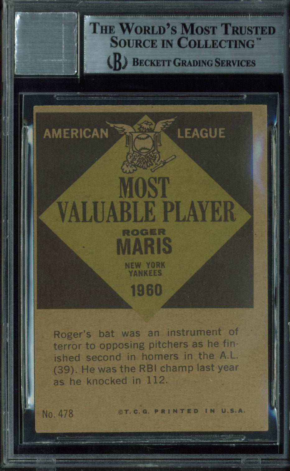 Yankees Roger Maris Signed 1961 Topps #478 Card Auto Grade 10! BAS Slabbed & JSA