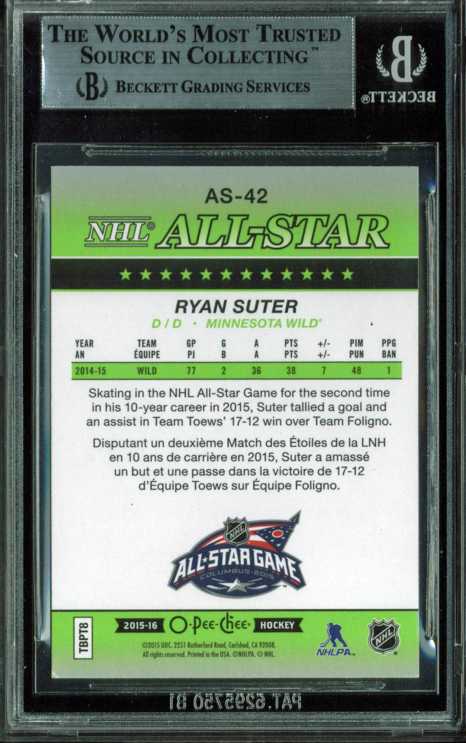 Wild Ryan Suter Signed 2015 O-Pee-Chee All-Star Glossy #AS42 Card BAS Slabbed