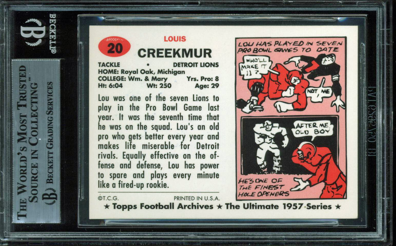 Lions Lou Creekmur "HOF 96" Signed 1994 Topps Archives 1957 #20 Card BAS Slabbed