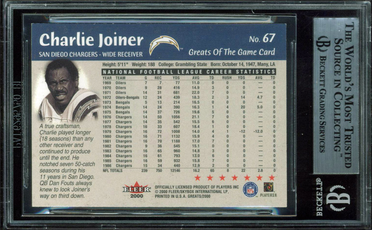 Chargers Charlie Joiner Signed 2000 Greats Of The Game #67 Auto Card BAS Slabbed