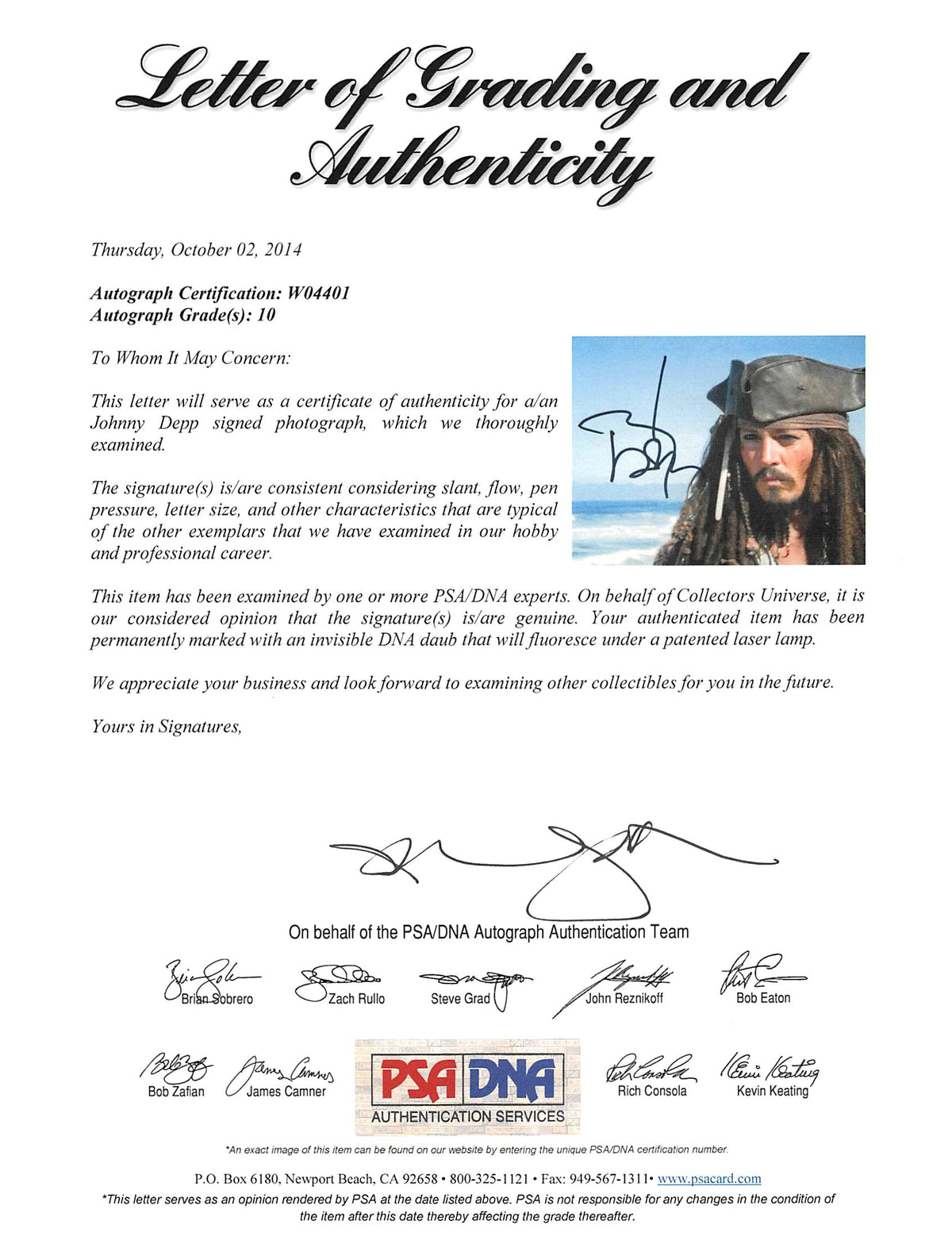 Johnny Depp Pirates Of The Caribbean Signed 11x14 Photo Graded 10! PSA #W04401