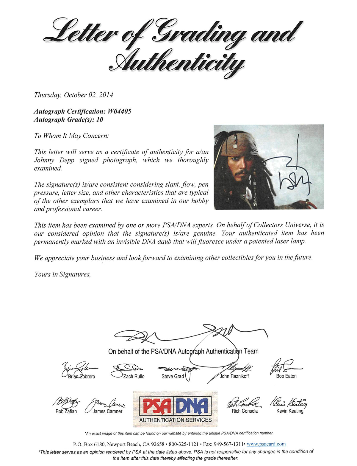 Johnny Depp Pirates Of The Caribbean Signed 11x14 Photo Graded 10! PSA #W04405