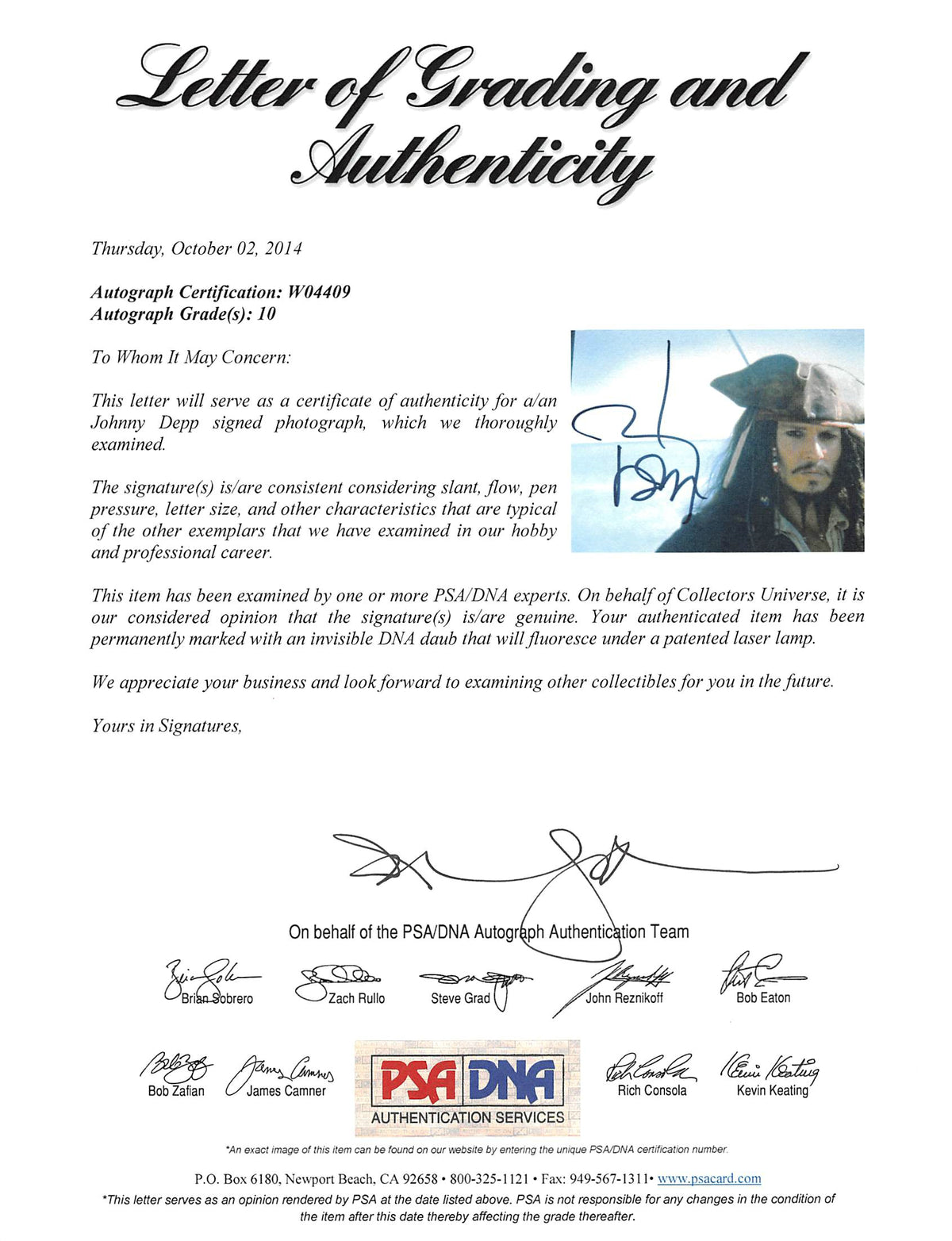Johnny Depp Pirates Of The Caribbean Signed 11x14 Photo Auto 10! PSA/DNA #W04409