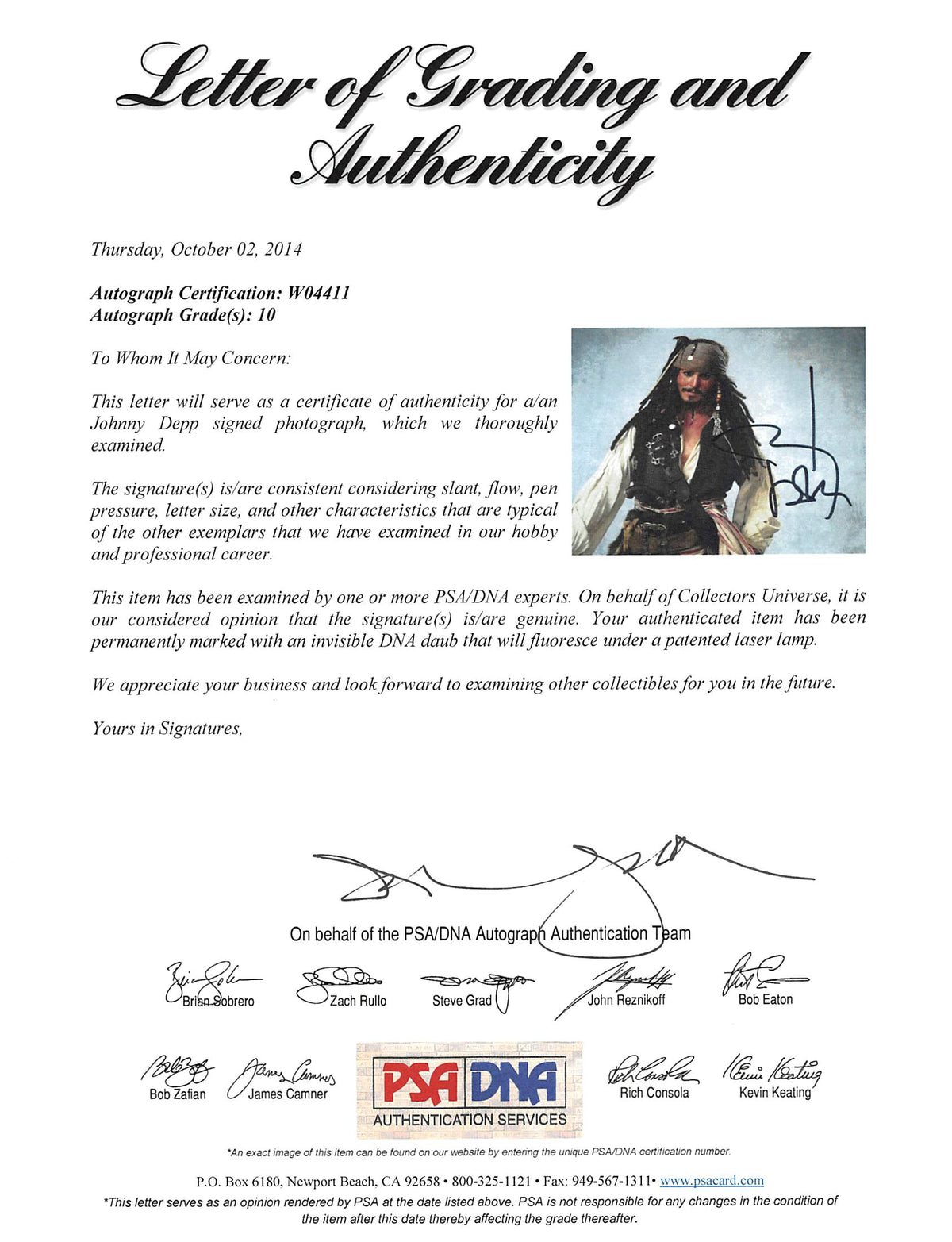Johnny Depp Pirates Of The Caribbean Signed 11x14 Photo Graded 10! PSA #W04411