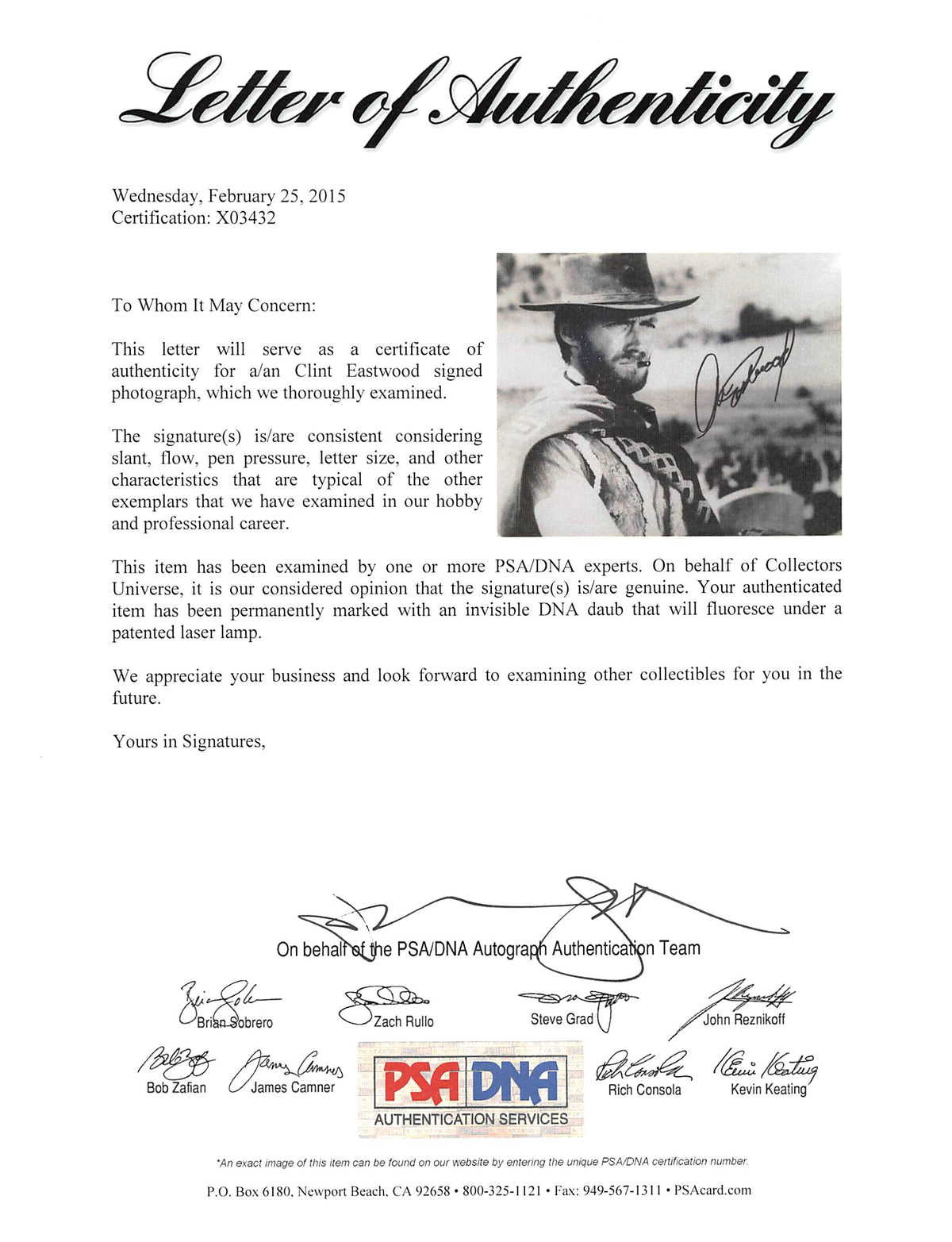 Clint Eastwood The Good, the Bad and the Ugly Signed 8x10 Photo PSA/DNA #X03432
