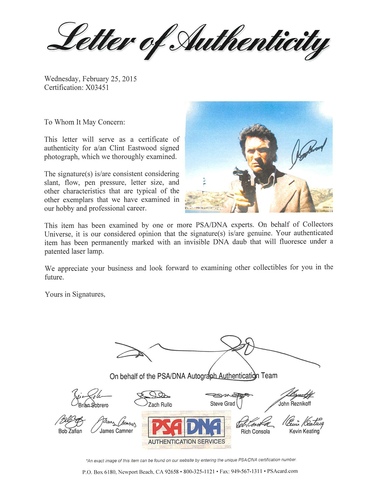 Clint Eastwood Dirty Harry Authentic Signed 8x10 Photo PSA/DNA #X03451