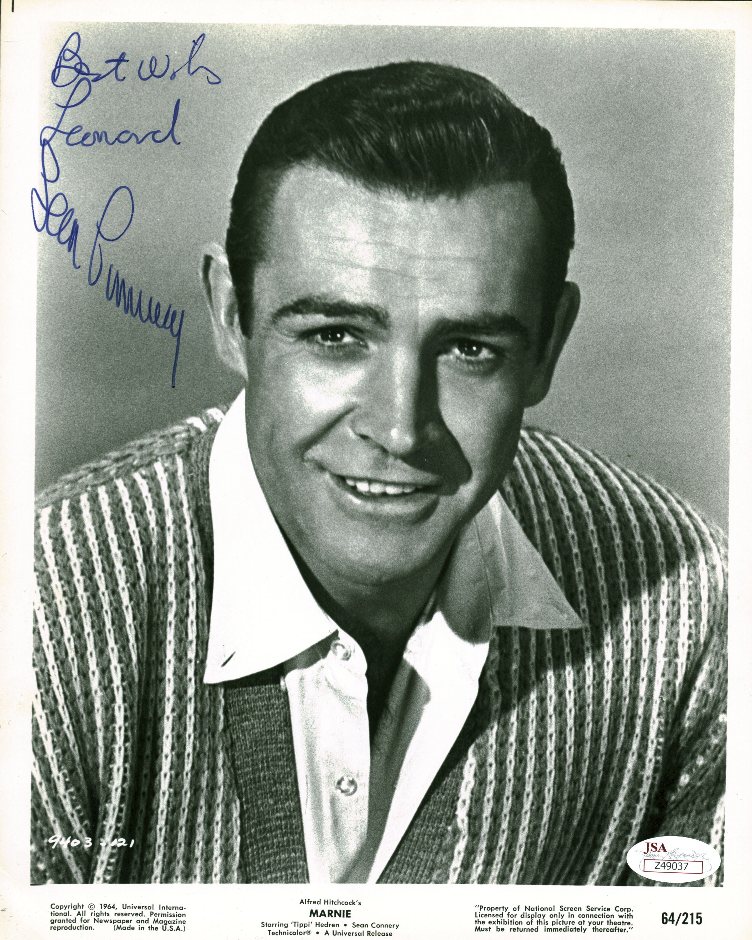 Sean Connery Marnie "Best Wishes" Signed 8x10 LE Promo B & W Photo JSA #Z49037