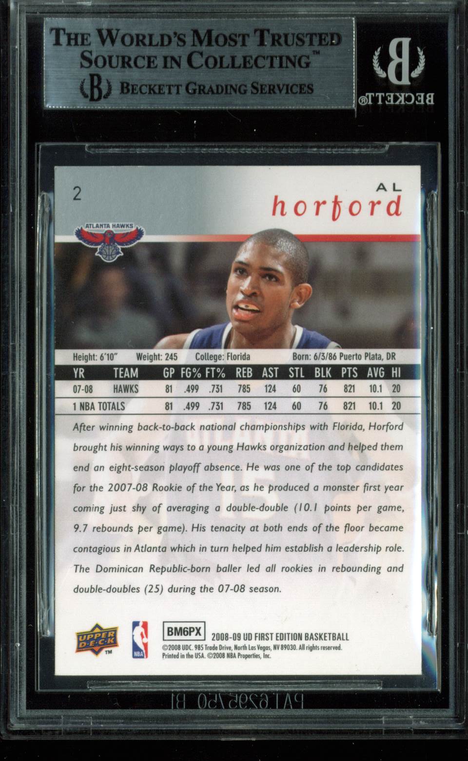 Hawks Al Horford Authentic Signed Card 2008 UD First Edition #2 BAS Slabbed