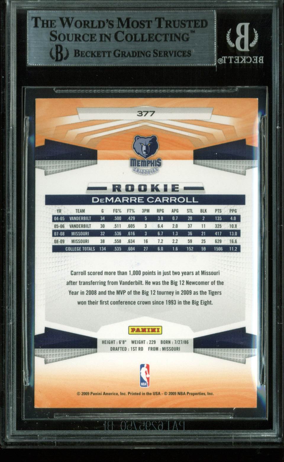 Grizzlies DeMarre Carroll Authentic Signed Card 2009 Panini RC #377 BAS Slabbed