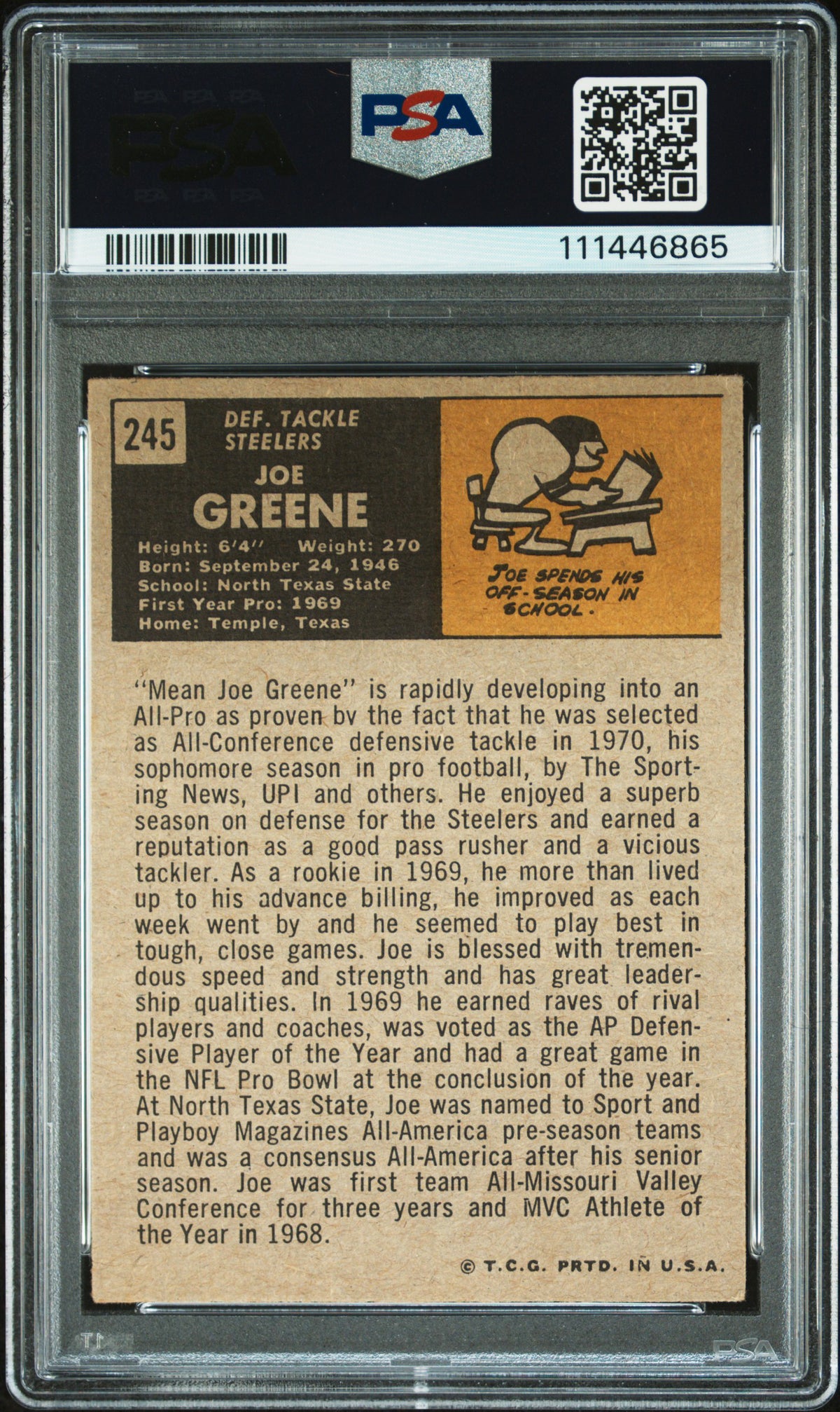 Steelers Joe Greene "HOF 87" Signed 1971 Topps #245 RC Card Auto 10! PSA Slab 1