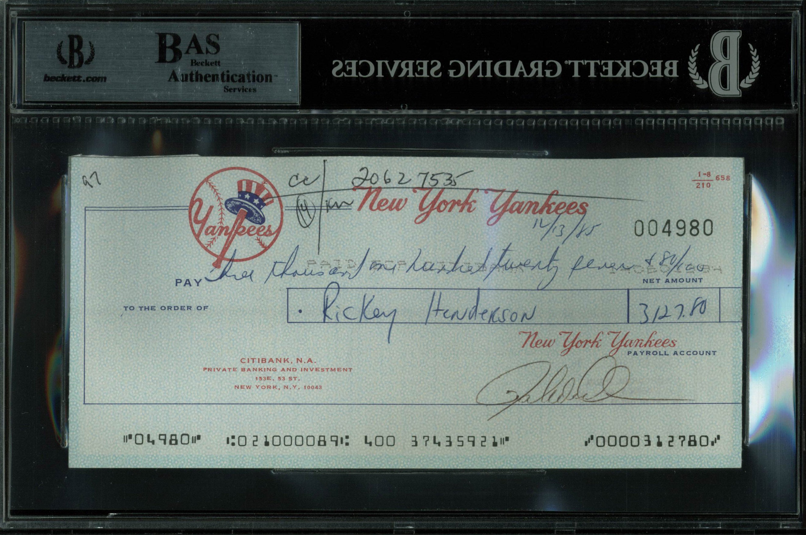 Yankees Rickey Henderson Authentic Signed 1985 Payroll Check BAS Slabbed