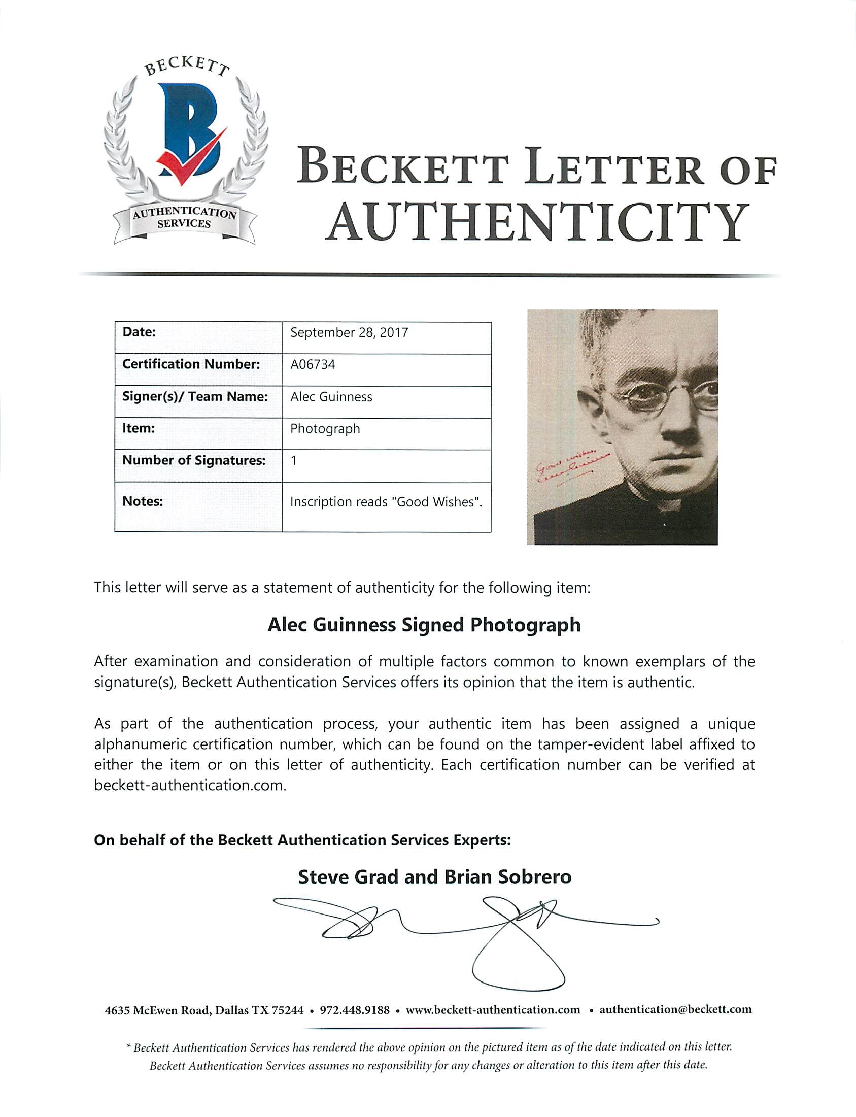 Alec Guinness Father Brown "Good Wishes" Authentic Signed 8X10 Photo BAS #A06734