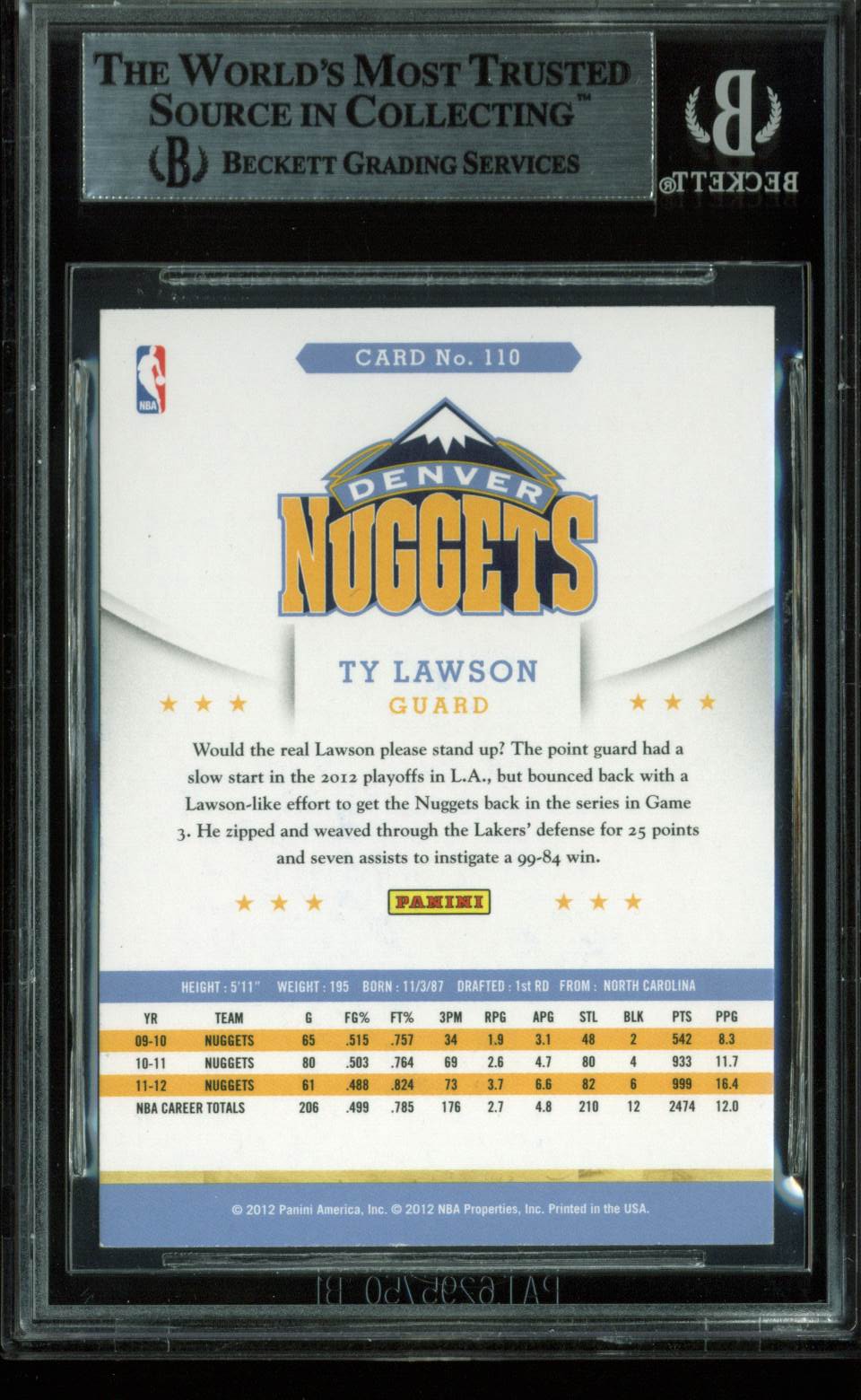 Nuggets Ty Lawson Authentic Signed Card 2012 Hoops #110 BAS Slabbed