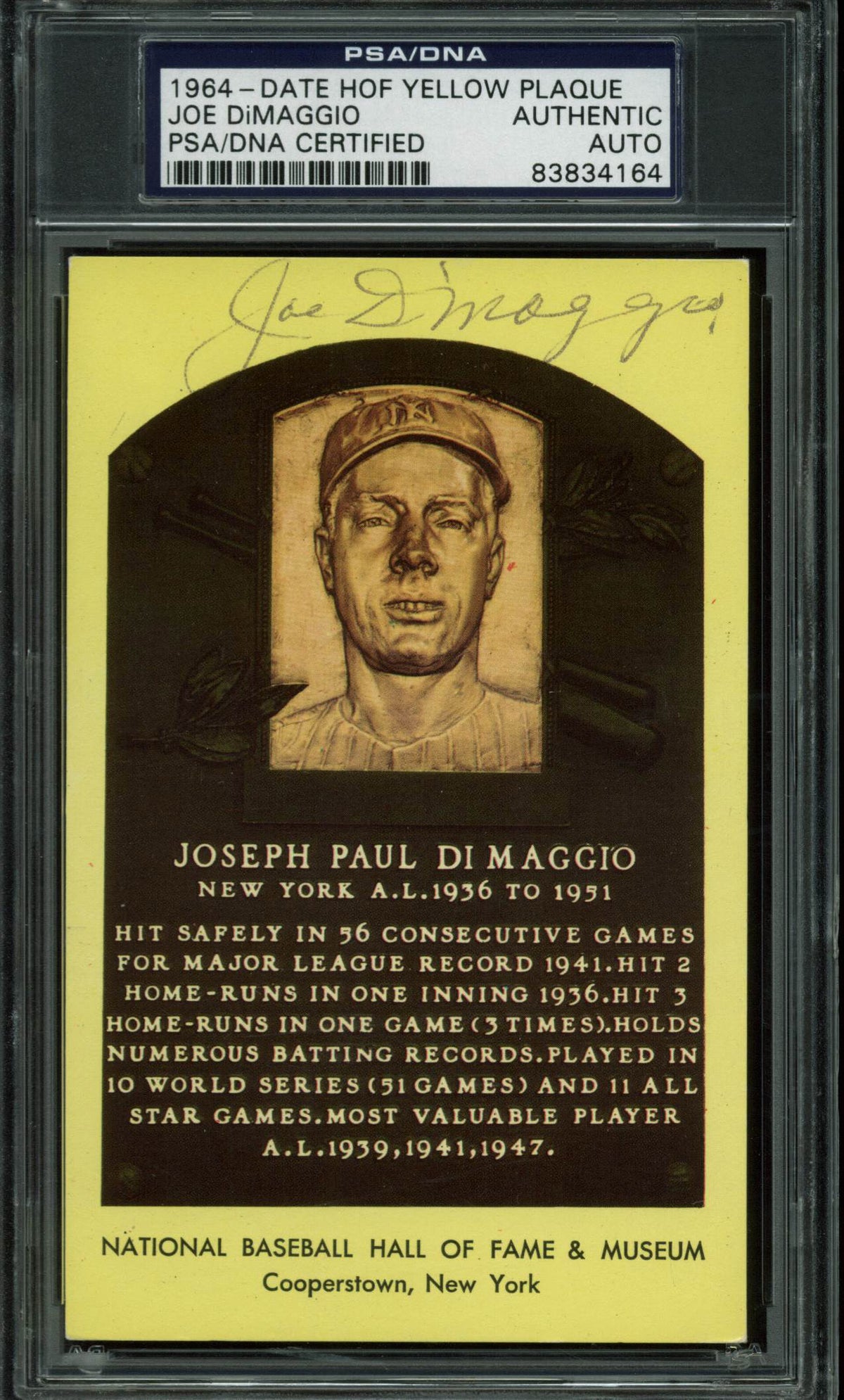 Yankees Joe DiMaggio Authentic Signed HOF Plaque Postcard PSA/DNA Slabbed