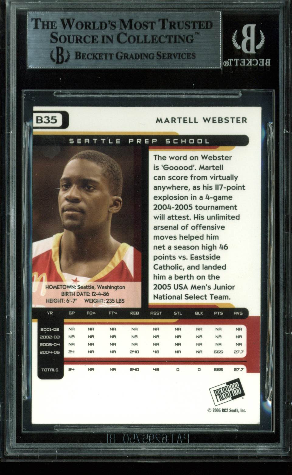 Blazers Martell Webster Signed Card 2005 Press Pass Blue RC #35 BAS Slabbed