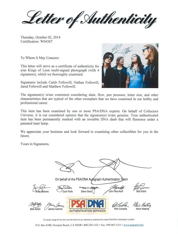 Kings Of Leon (4) Followill Brothers Signed Authentic 11X14 Photo PSA #W04367