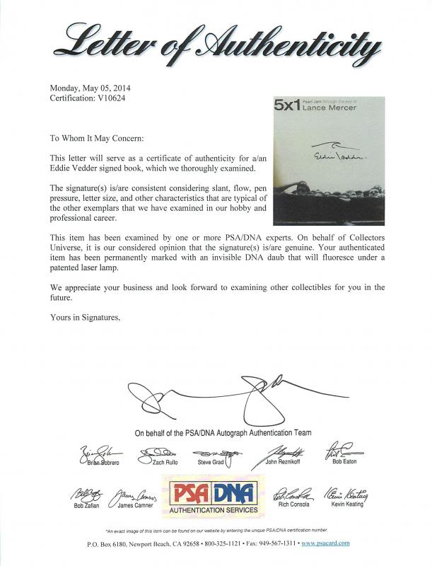 Eddie Vedder Signed 5X1 Lance Mercer Pearl Jam Book W/ Wave Sketch PSA #V10624