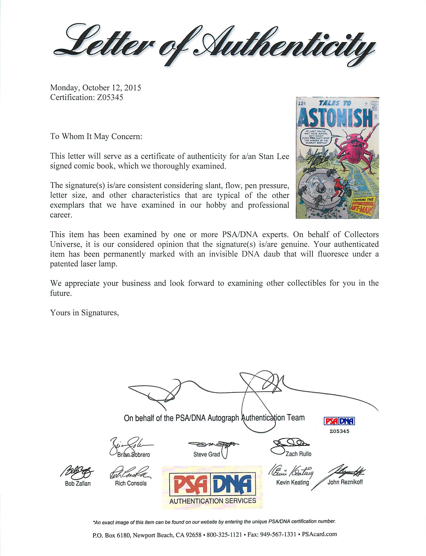 Stan Lee Authentic Signed Tales To Astonish #39 Comic Book PSA/DNA #Z05345