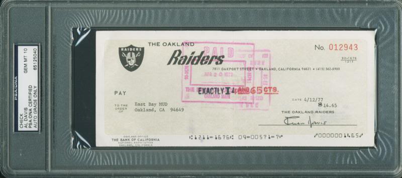 Al Davis Signed 3.5X8.5 1977 Raiders Check Auto Graded Gem Mint 10! PSA Slabbed