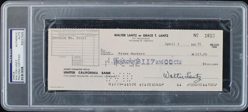 Walter Lantz Woody Woodpecker Authentic Signed 1975 Check PSA/DNA Slabbed