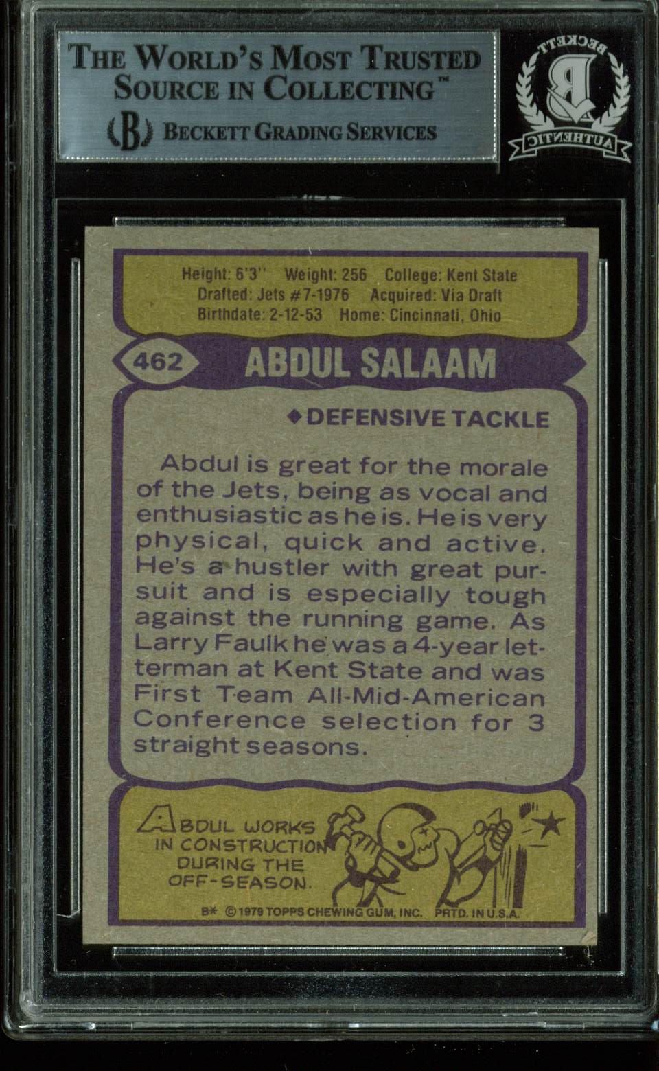 Jets Abdul Salaam Authentic Signed Card 1979 Topps #462 BAS Slabbed