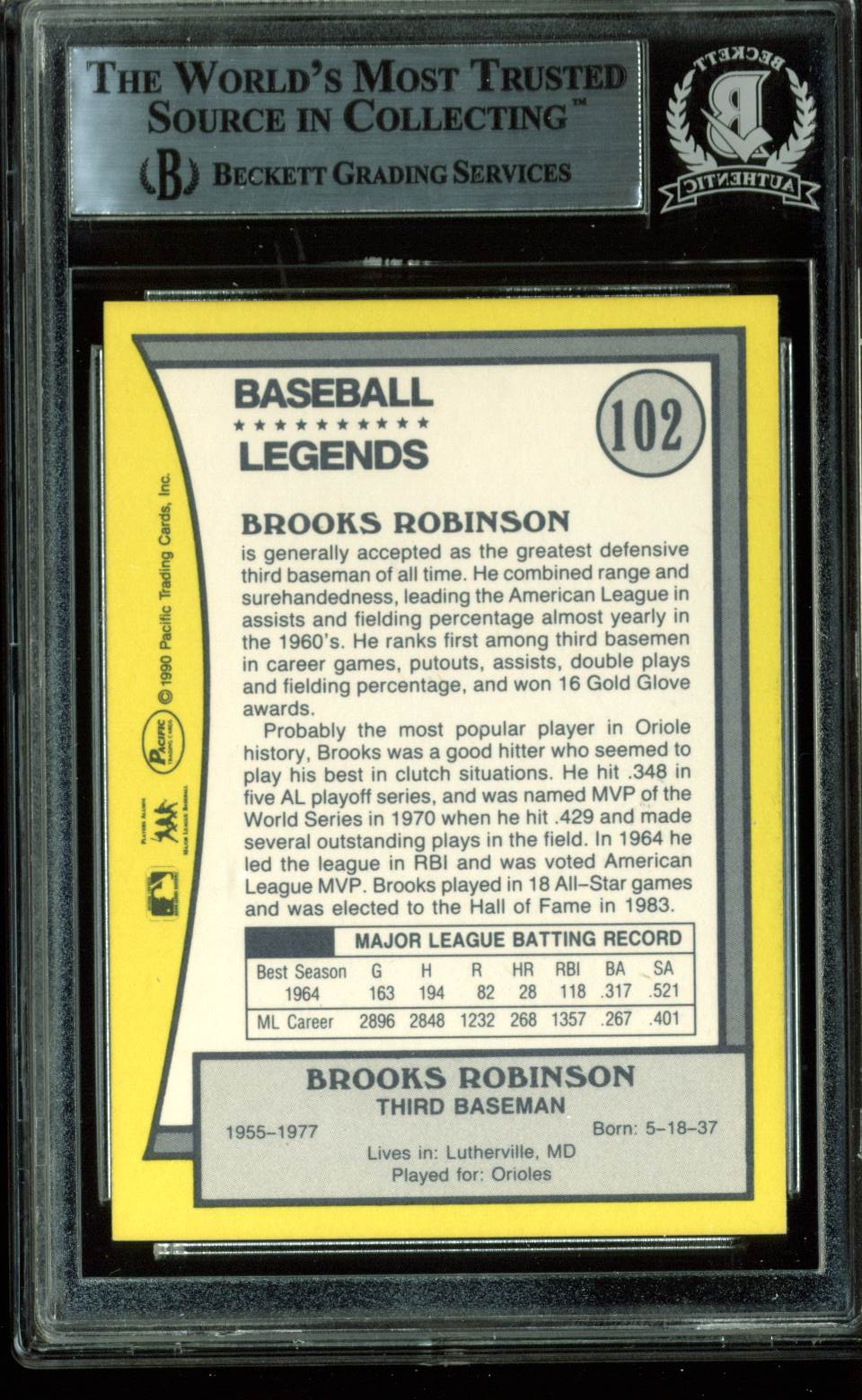 Orioles Brooks Robinson Signed Card 1988 Pacific Legends #102 BAS Slabbed