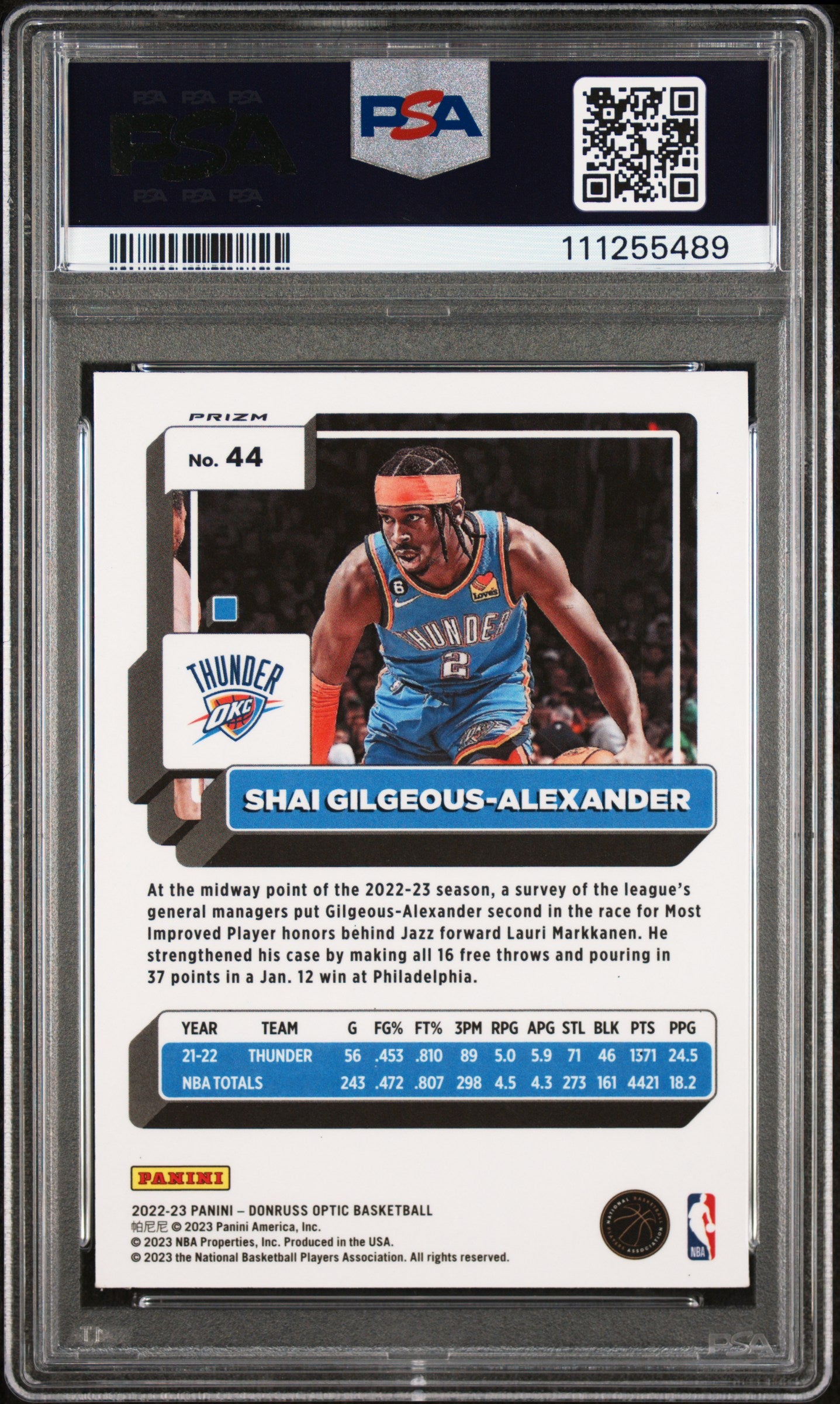 Shai Gilgeous-Alexander Signed 2022 Donruss Optic Silver Holo #44 Card PSA Slab