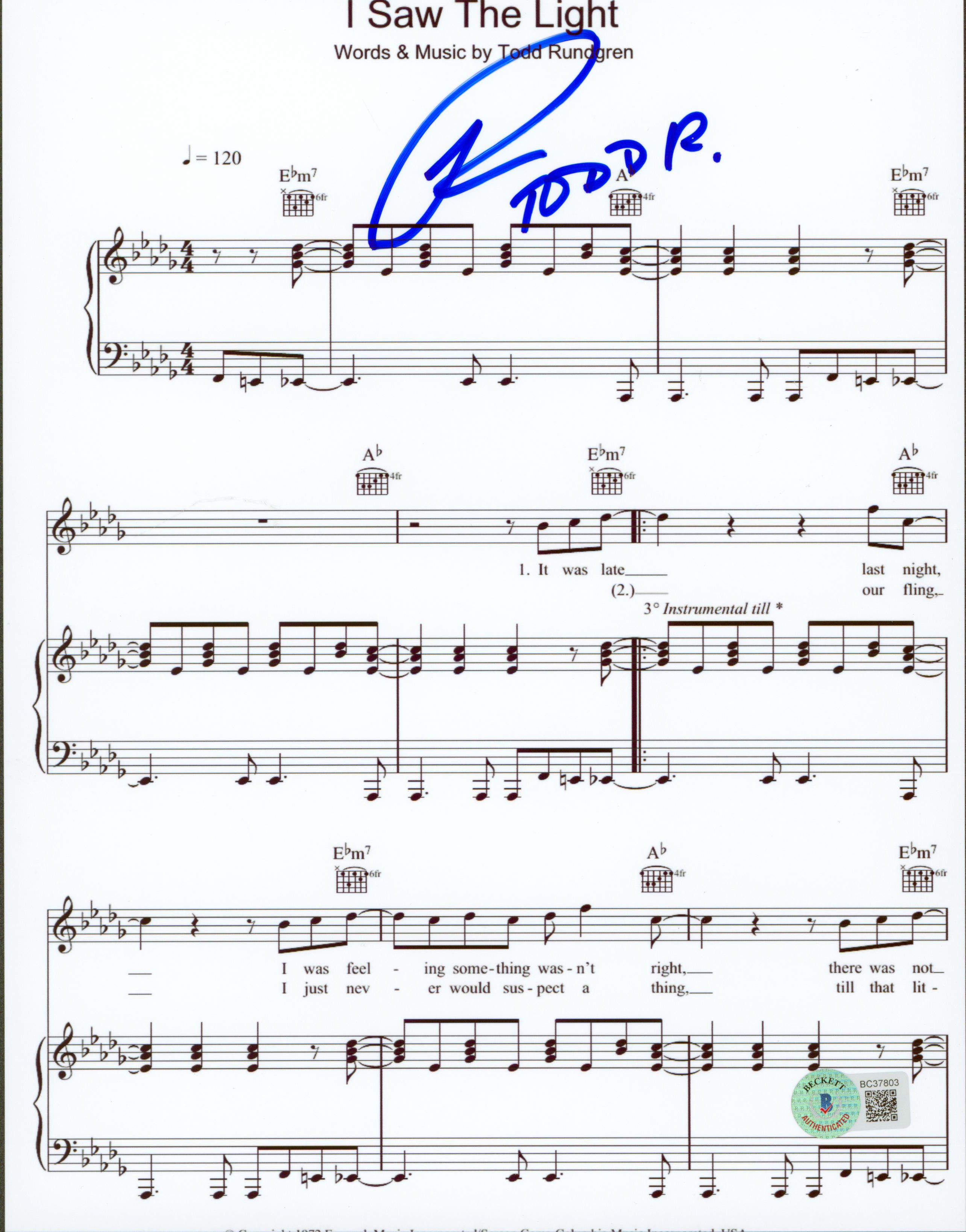 Todd Rundgren Utopia Signed 8.5x11 I Saw The Light Music Sheet Photo BAS