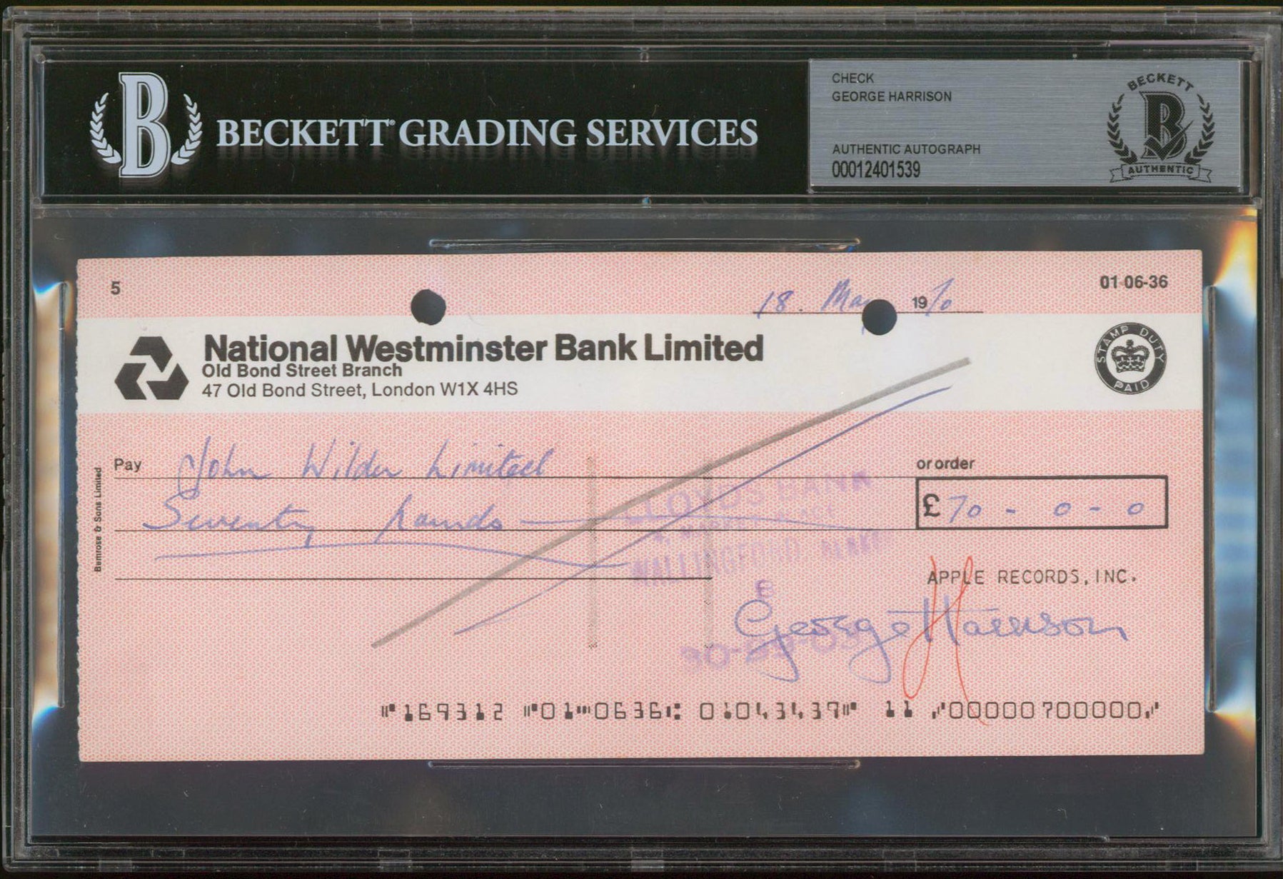 George Harrison Beatles Signed 3.5x8 1970 Apple Records Check BAS Slabbed