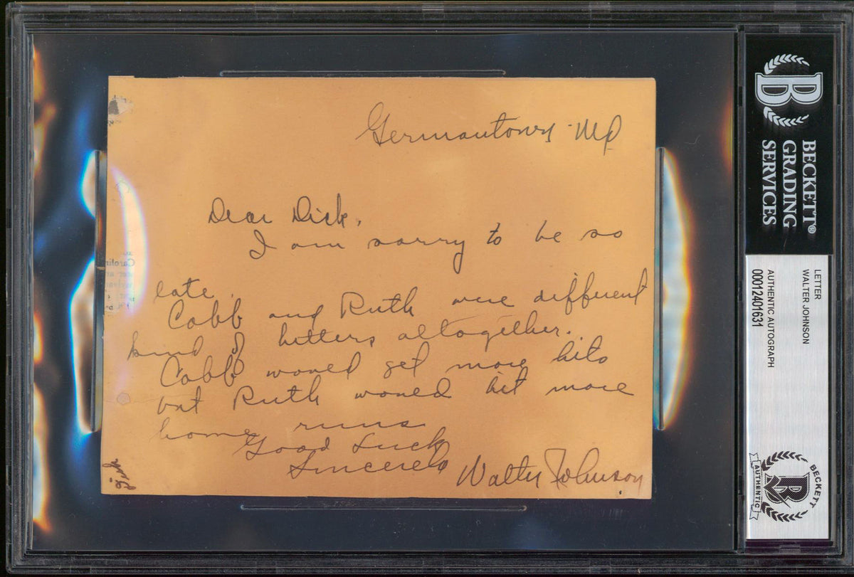 Senators Walter Johnson Authentic Signed 4.5x5.75 Handwritten Letter BAS Slabbed
