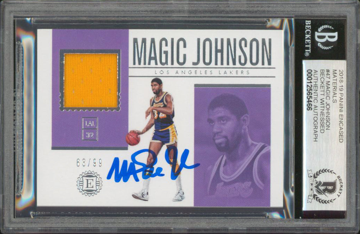 Magic Johnson Signed 2018 Panini Materials #47 63/99 Card Auto Grade 10 BAS Slab