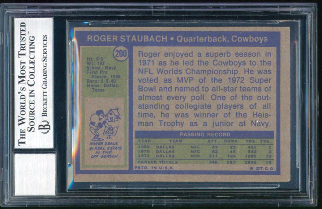 Roger Staubach 2x Insc Signed 1972 Topps #200 RC Card Auto Graded 10! BAS Slab