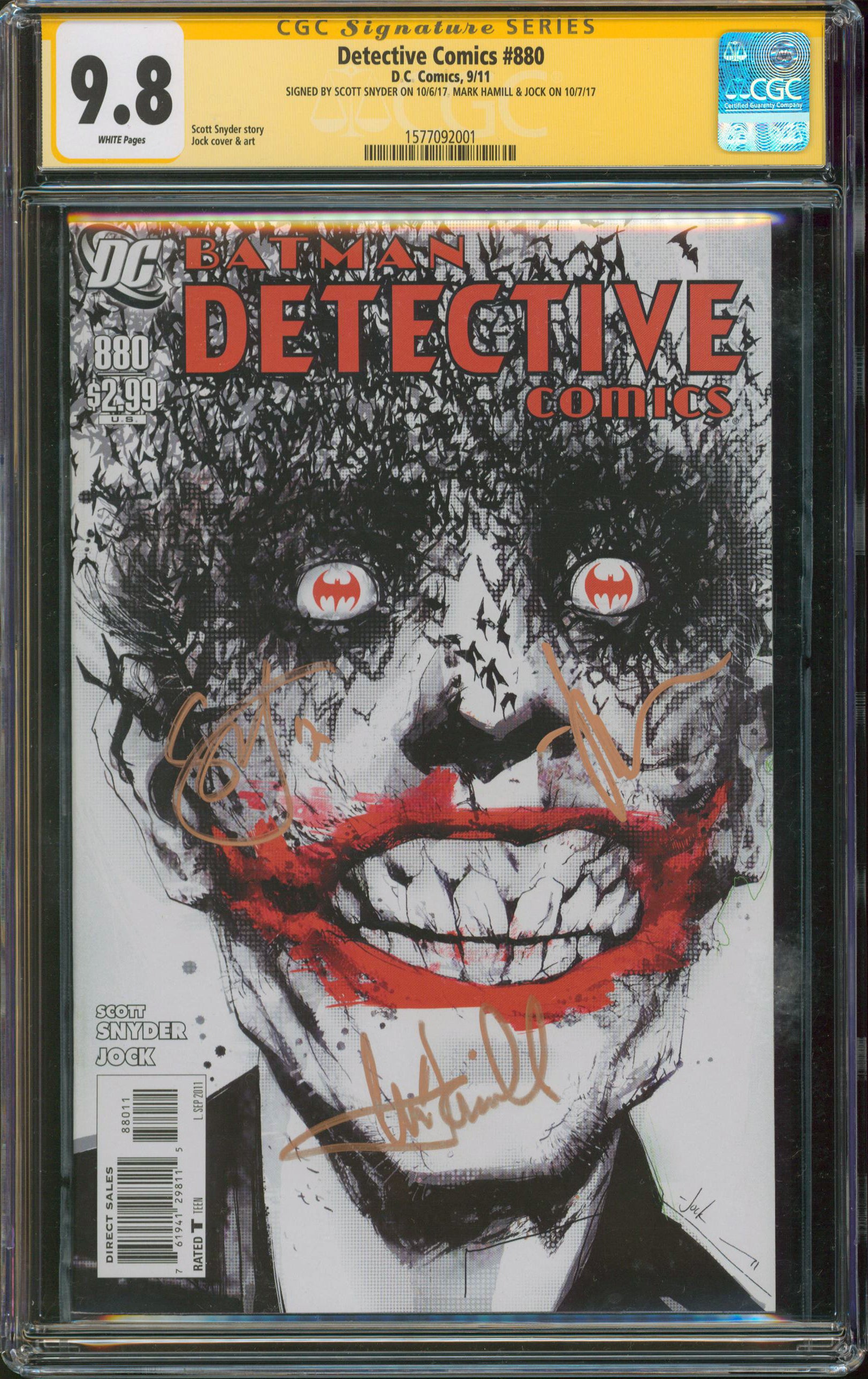 (3) Hamill Snyder & Jock DC Comics Signed Batman Detective Comics #880 Comic CGC