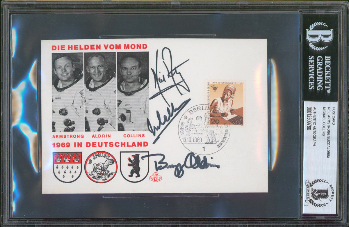 Apollo 11 (3) Armstrong, Collins & Aldrin Signed 4.15x5.85 1969 FDC BAS Slabbed