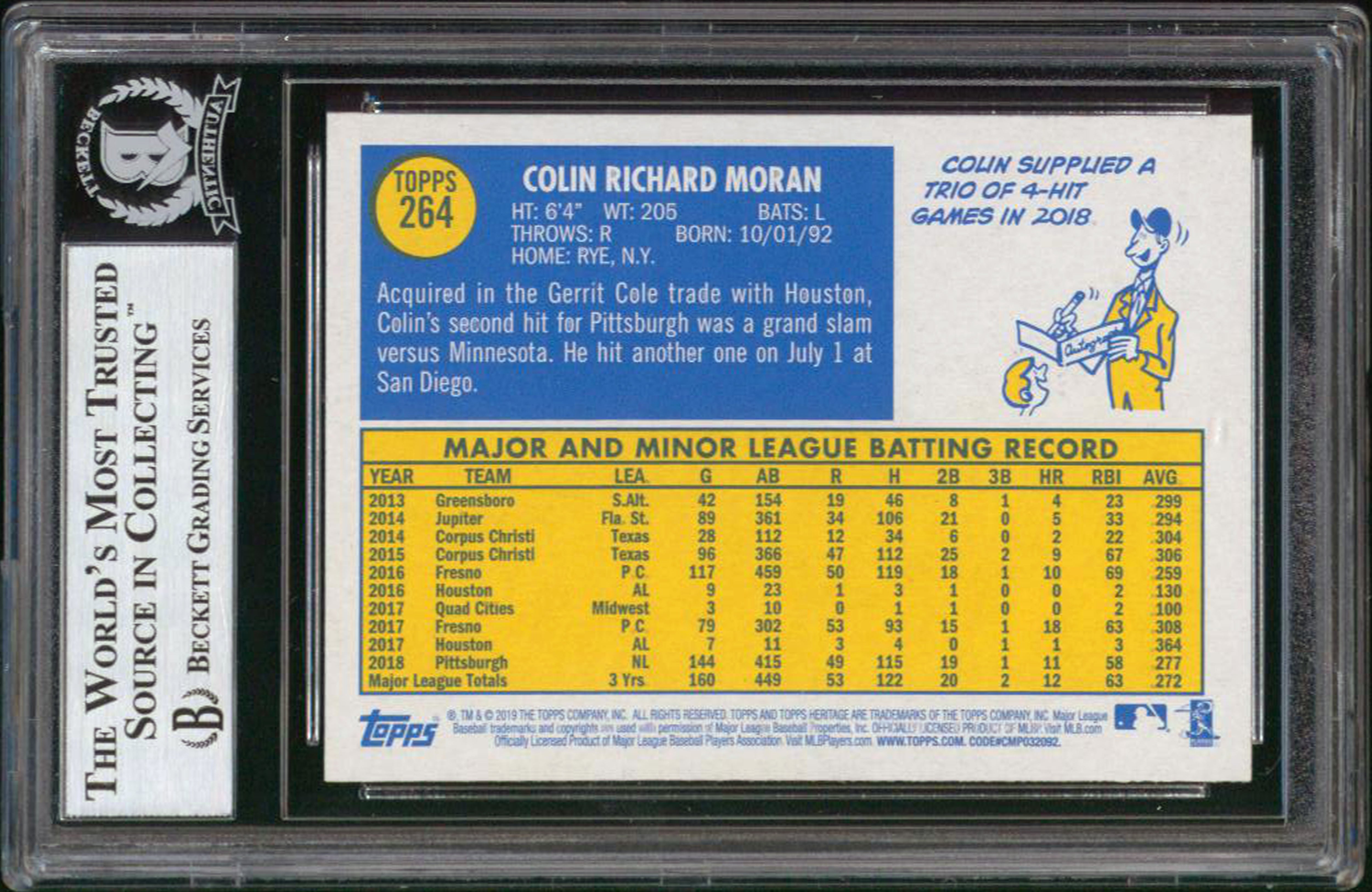 Pirates Colin Moran Signed 2019 Topps Heritage #264 Card BAS Slabbed #12509361