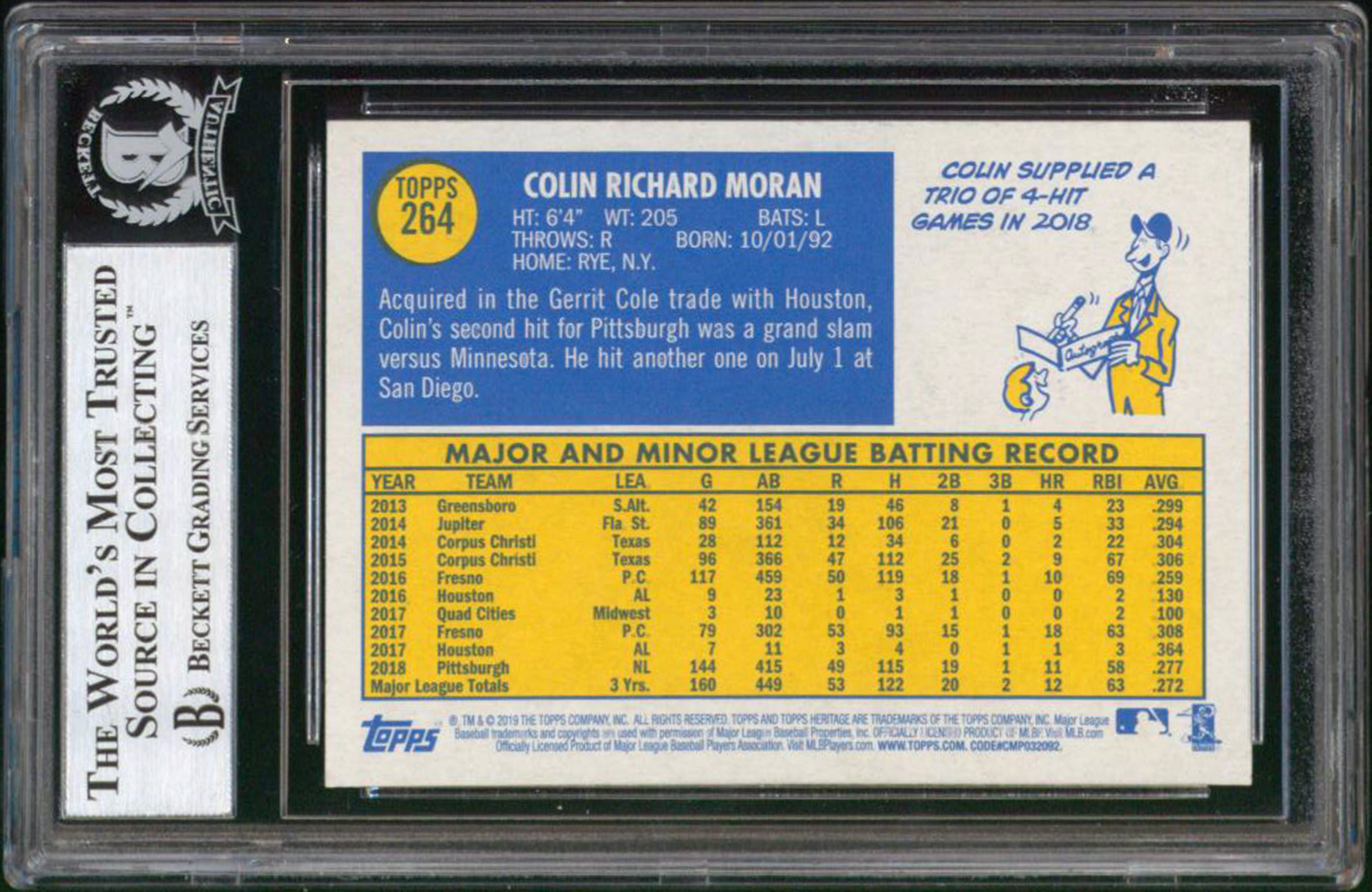 Pirates Colin Moran Signed 2019 Topps Heritage #264 Card BAS Slabbed #12509362